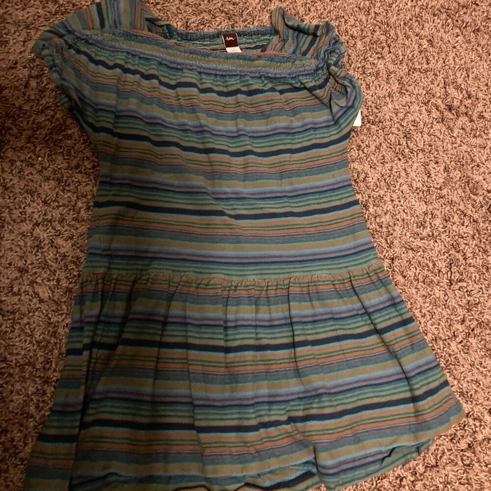 Tea Collection Green Striped Dress 7 Short Sleeve Gathered Neckline 100% Cotton